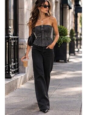 Miss Sixty Y2K Black Denim Corset Top Strapless Peplum Zip Size L